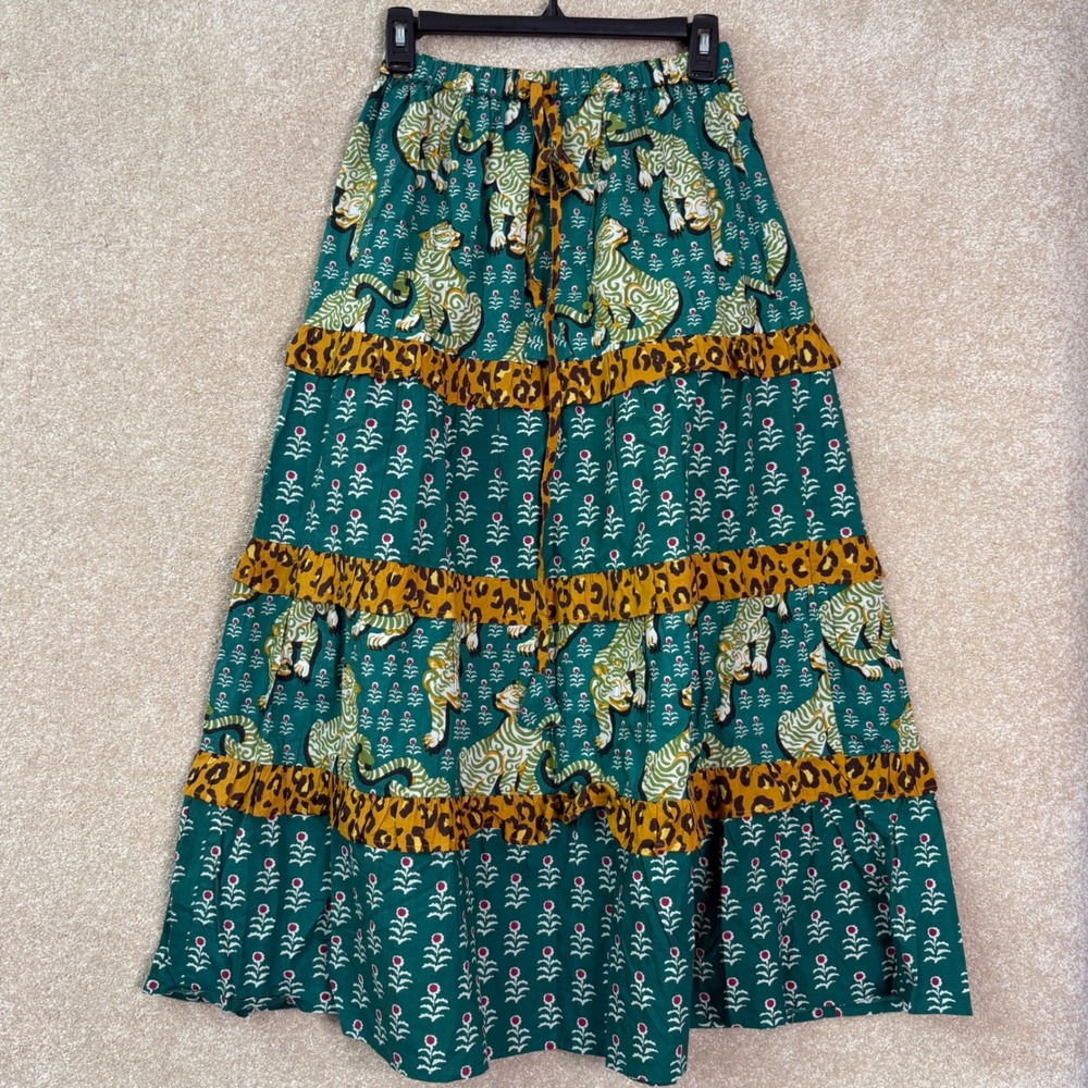 PRINTFRESH Tiger Queen Midi Skirt Women's Small Green Organic Cotton Tiered Boho